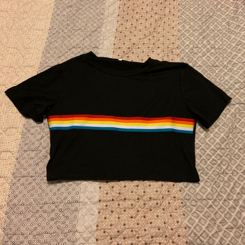 Romwe Black Crop Top with Rainbow Stripe